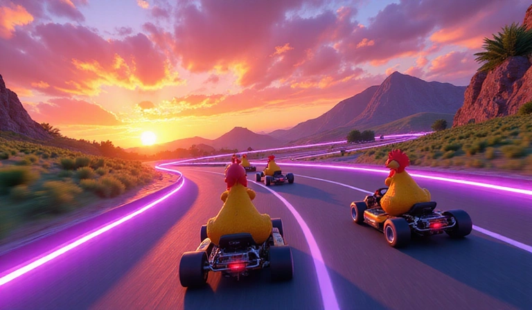 Carrera de gallinas en una pista de carreras futurista al atardecer.