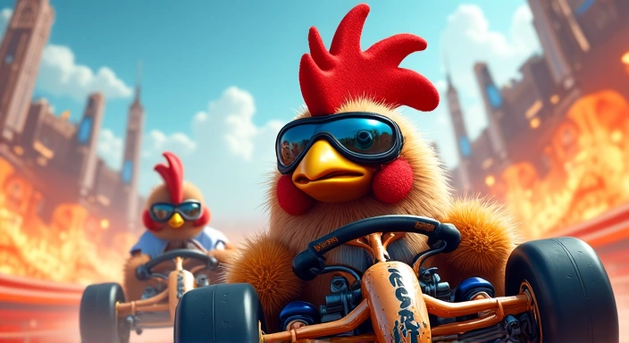 Gallo de carreras en un vehículo, en una pista de carreras.