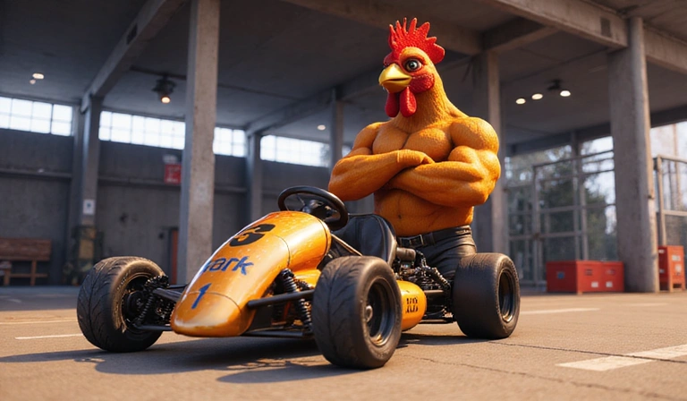 Gallo musculoso posando junto a su coche de carreras personalizado.