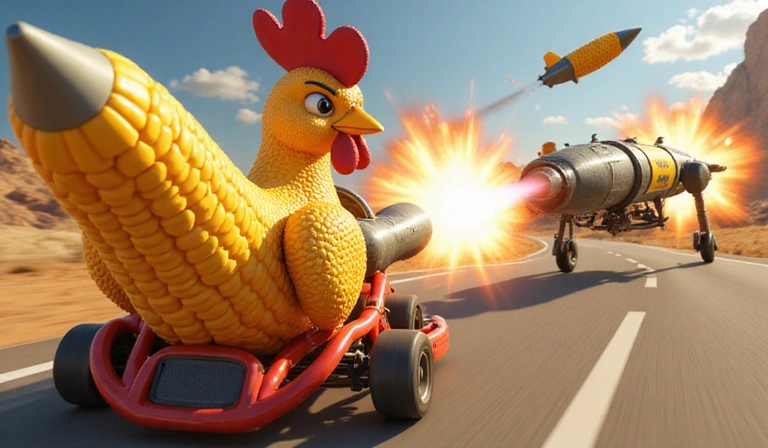 Personaje de gallo lanzando un misil de maíz en una carrera.