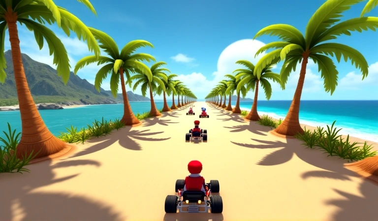 Pista de carreras en la playa con palmeras y océano al fondo.