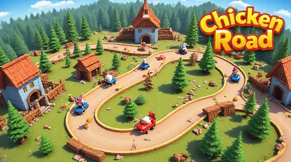 Pista de carreras vista desde arriba con gallinas compitiendo.