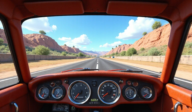 Vista interior de una cabina de carreras de gallina con múltiples indicadores.