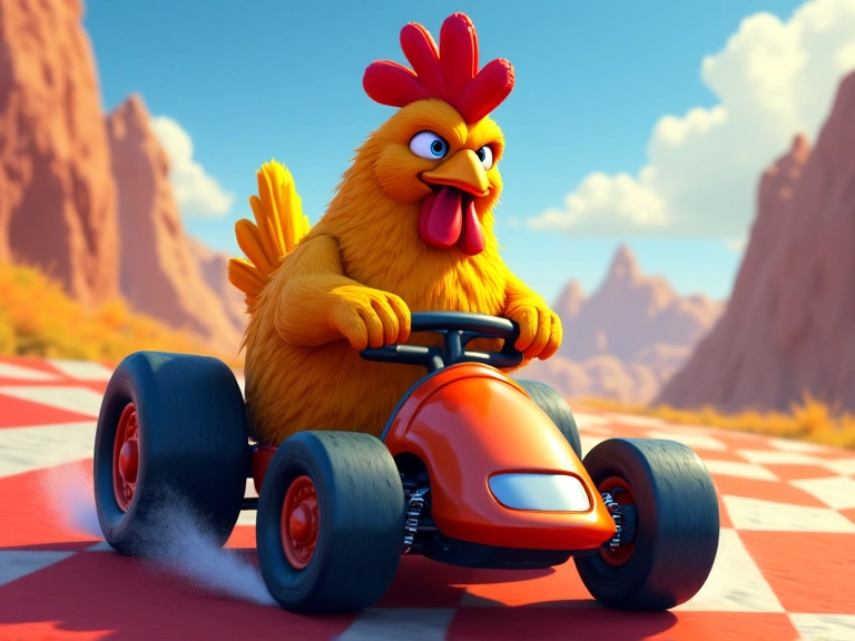 Fan art de un personaje gallina de Neoplay conduciendo un kart de carreras.
