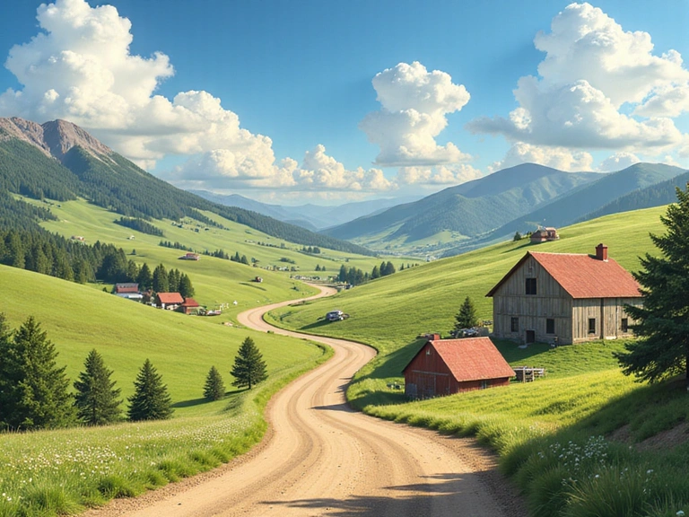 Fan art de un paisaje de Neoplay con elementos de carreras y granjas.