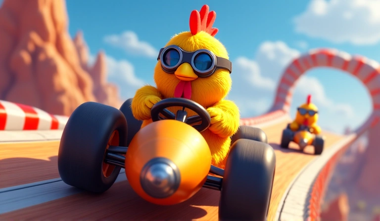 Gallina de carreras conduciendo un vehículo absurdo en una pista de Neoplay