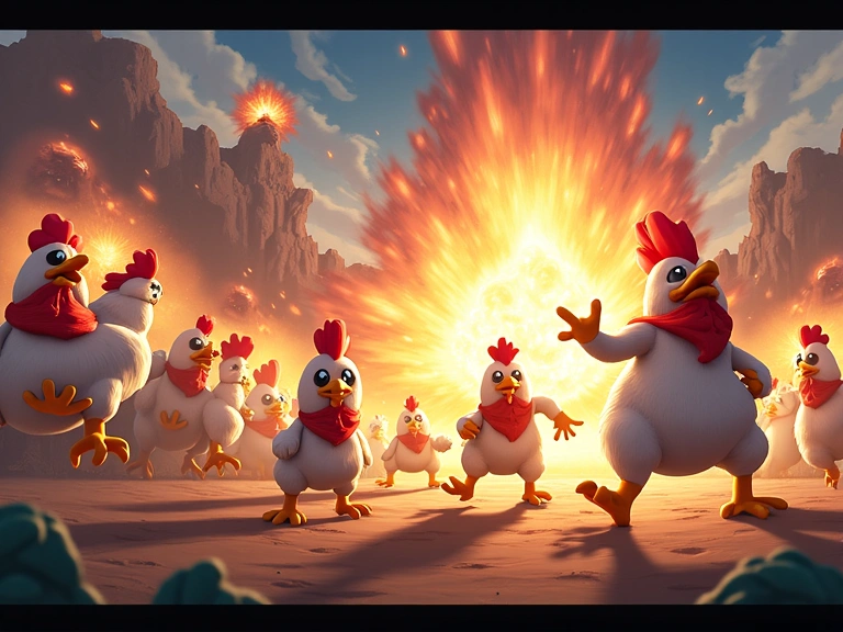 Escena de batalla intensa con múltiples personajes de pollo, explosiones y efectos especiales.