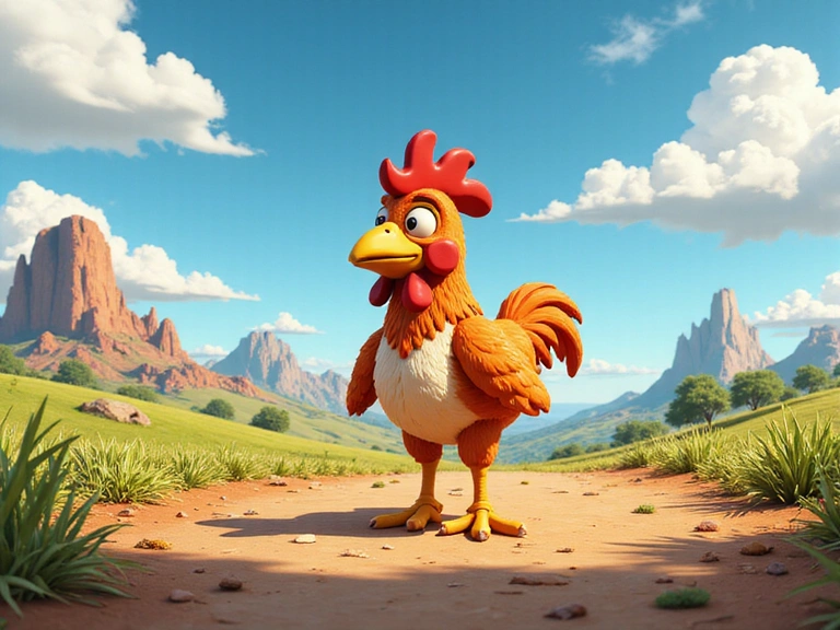 Gallina heroína en una misión épica, con un fondo de paisaje vibrante y elementos de fantasía.