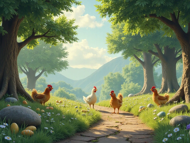 Paisaje idílico de un bosque mágico con huevos de pascua escondidos y criaturas amigables.