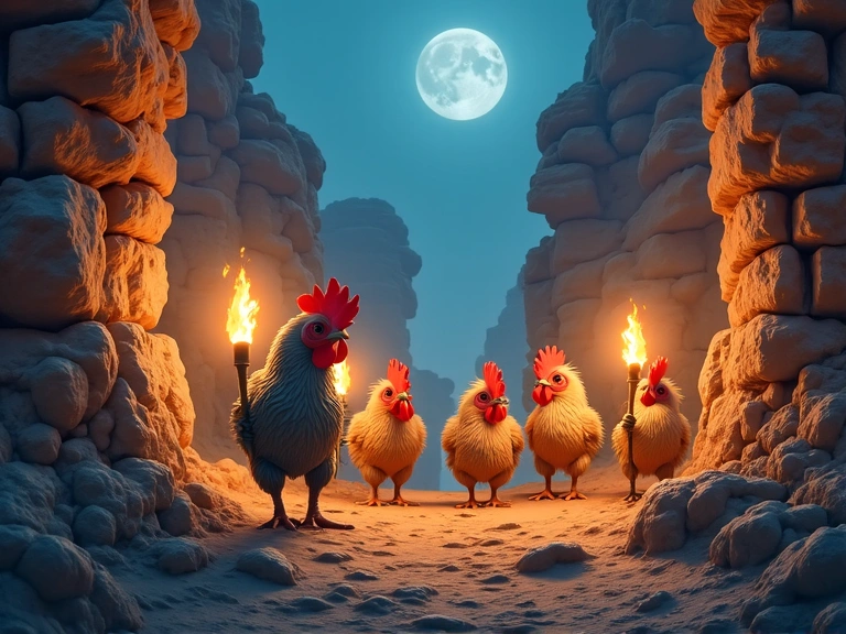 Un grupo de gallinas aventureras explorando una antigua ruina, con antorchas y equipo de expedición.
