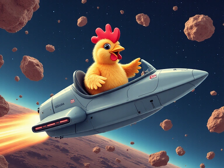 Una gallina piloto en una nave espacial futurista, volando a través de un campo de asteroides.