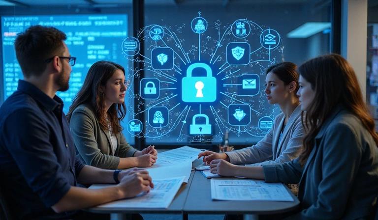 Personas interactuando con datos y tecnología en un entorno seguro