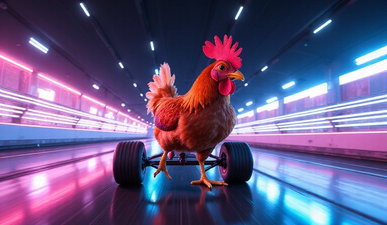 Gallina de carreras en un circuito futurista