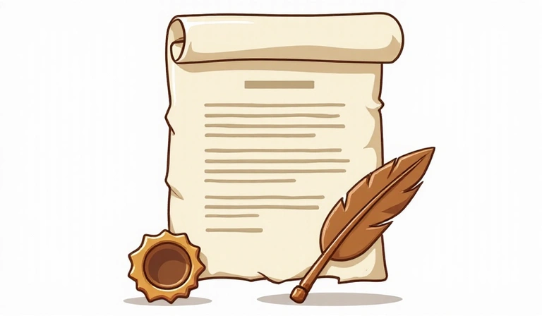 Ilustración de un contrato o documento legal, con pluma y sello